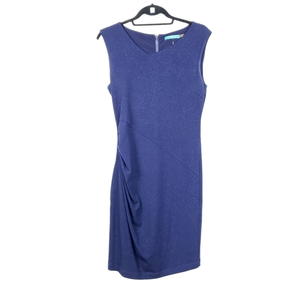 Alice & Olivia navy shimmer fitted body con side rouched back zip dress sz 10 - Picture 2 of 8